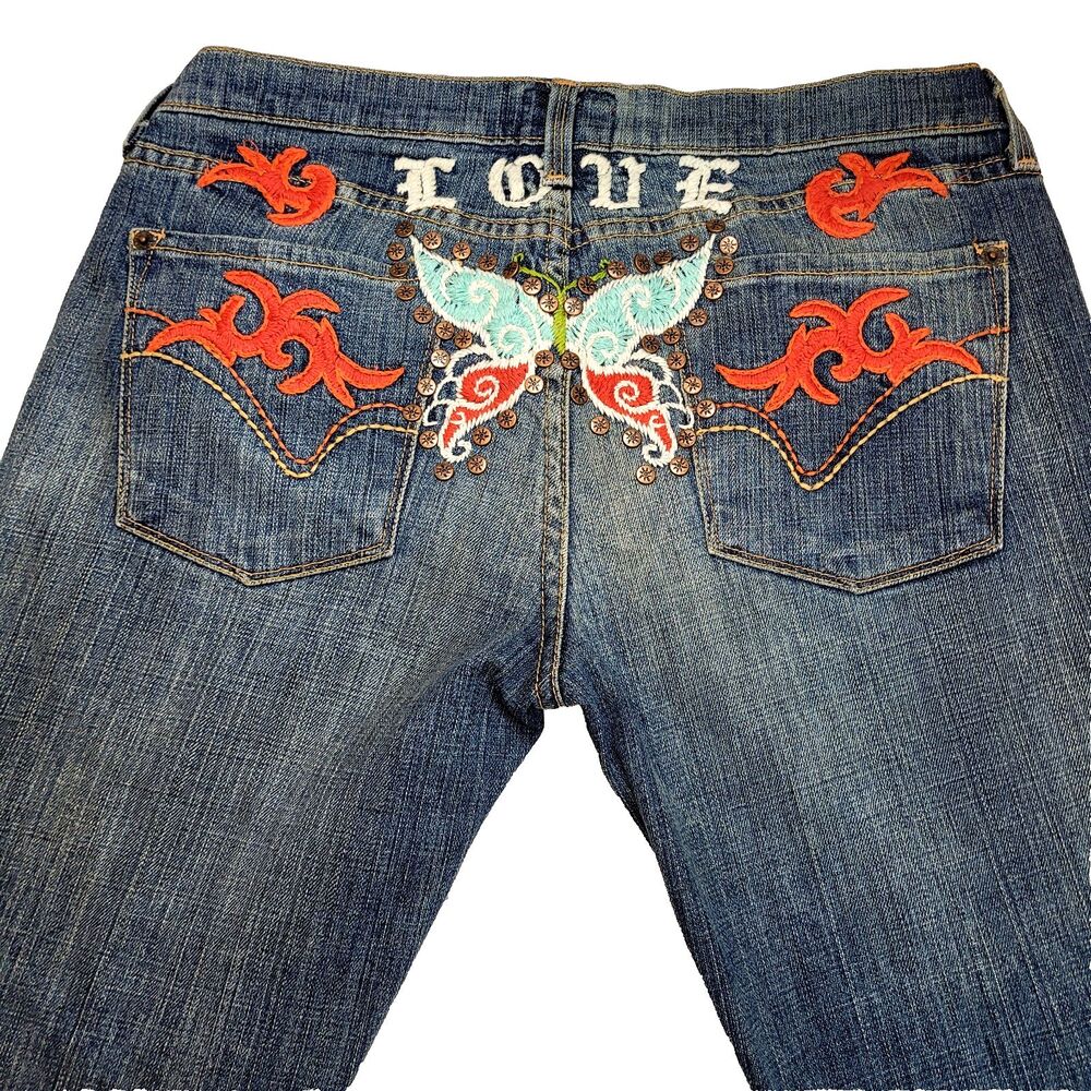 Vntg. People For Peace Butterfly Embroidered Boho Hippie Rocker 32x30 Jeans USA